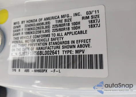 2011 Honda Accord Crosstour Ex-L z USA, uszkodzony, nr VIN 5J6TF1H56BL002641